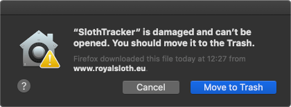 Mac warning dialog about damaged software that should be moved to trash