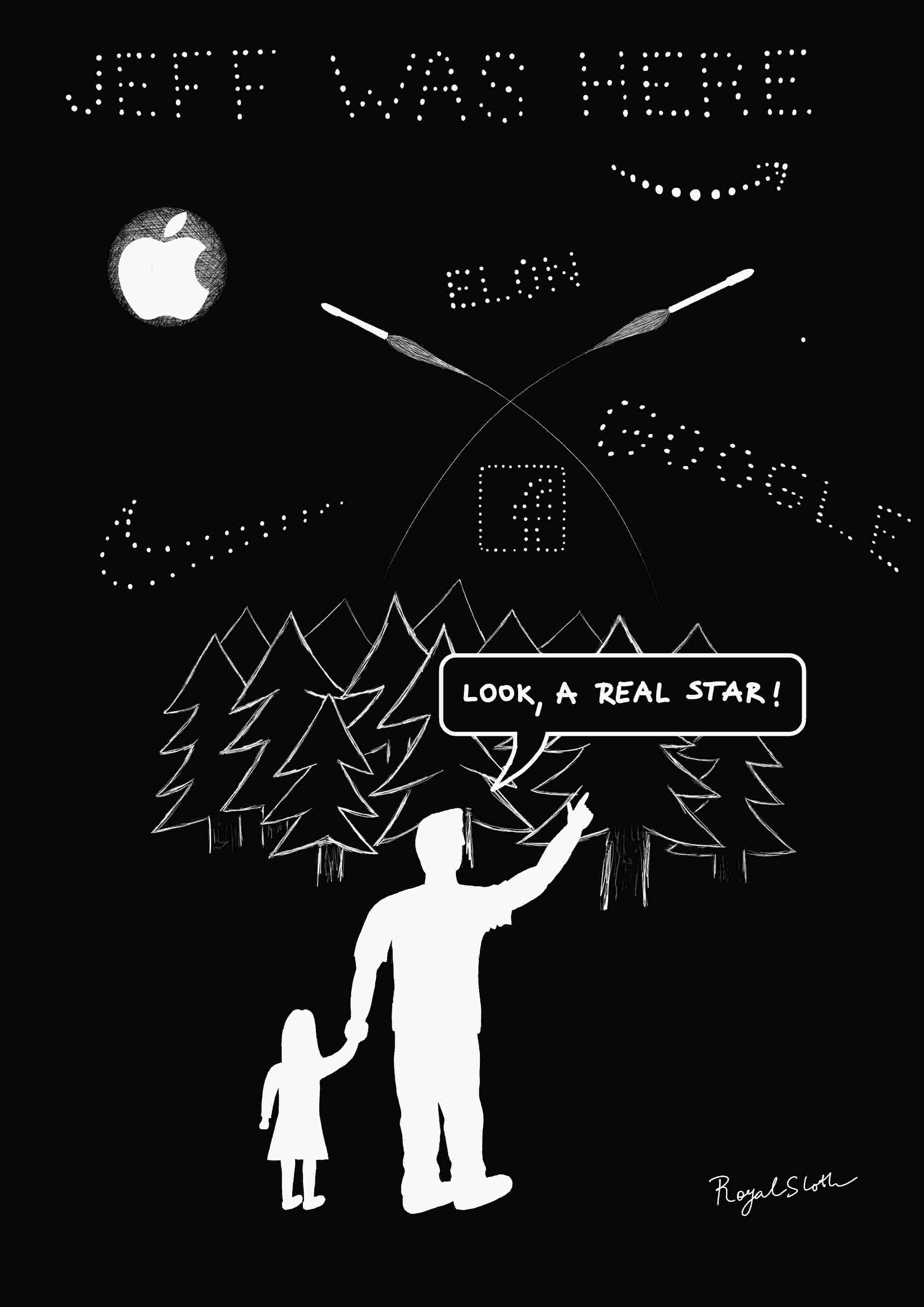 A father and his daughter are in the forest at night staring into the sky. The father says: “Look a real star!”while they are being blinded by the artificial stars - advertisments for the big companies. The ads are showing: Jeff was here,Amazon logo, Google logo, Facebook logo, Nike logo, Elon and the full moon that was turned into the Apple’s logo.