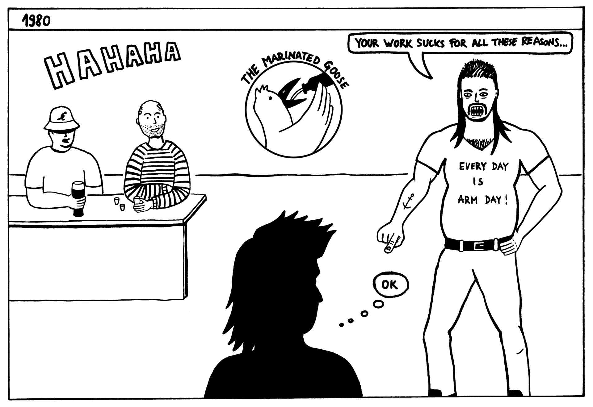A large guy with a mullet is pointing his finger at the author in the center, saying Your work sucks for all these reasons... The author's friends in the corner of a bar are laughing at the mullet guy's insults. 